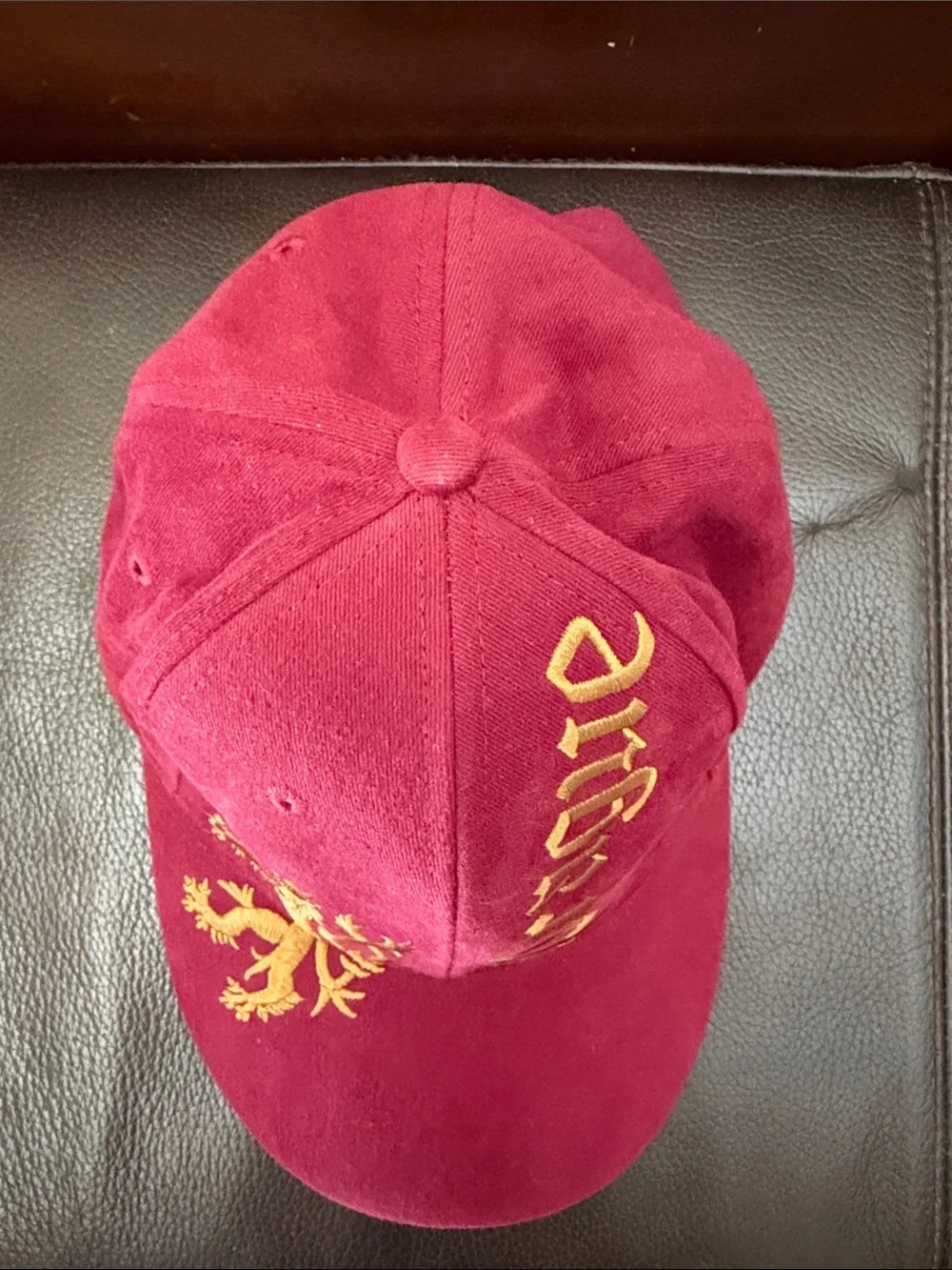 Prague Maroon Red Baseball Cap w/Adjustable Strap & Embroidered Gold Lion Emblem
